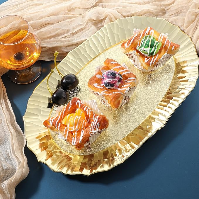 Lemecima 6 Pack Plastic Serving Tray, Gold Serving Platter Set, Reusable Party Snack Serving Tray, Decorative Food Appetizer Platters for Dessert Table, Cupcake, Charcuterie, Cookies, 14" x 8.5"