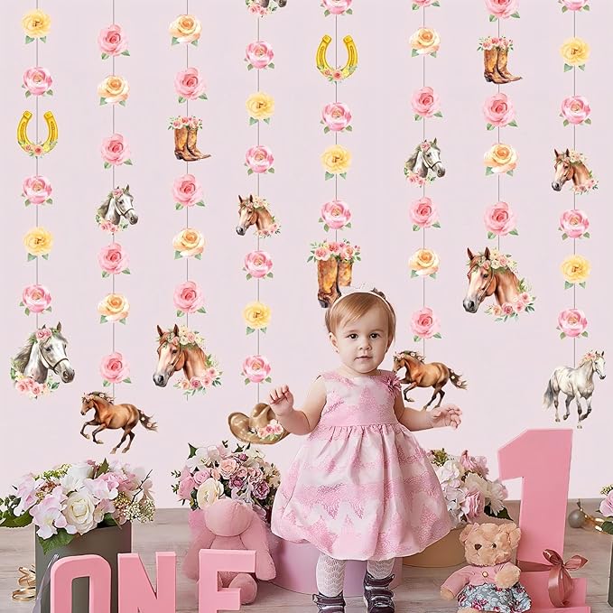 Daifunli 8 Pcs Cowgirl Party Decorations Pink Girl Horse First Birthday Hanging Garlands Watercolor Floral Rose Western Horse Paper Cutouts Streamers for Wild West Cowgirl Baby Shower Party Supplies