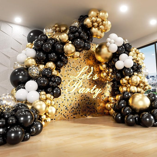 182pcs Black and Gold Balloons Garland Arch Kit, 5 10 12 18 inch Black White Metallic Gold Confetti Latex Balloons for 2024 Graduation Decorations New Year Birthday Party Decorations