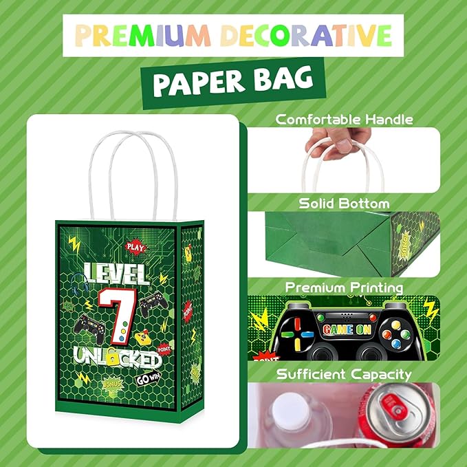 Grencian 16 PCS Video Game 7th Birthday Party Favor Bags Green Video Game Candy Treat Gift Goodie Bags with Handles Level 7 Birthday Decorations for Boys Kids 7 Year Old Video Gamer Party Decorations