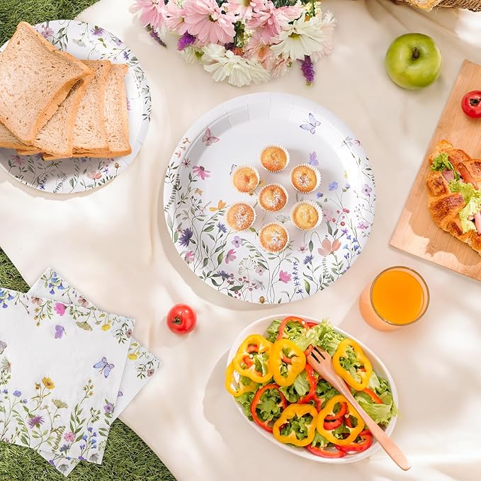 96PCS Wildflower Paper Plates and Napkins, Disposable Floral Plates for Bridal Shower, Garden Party, Wedding, Mother's Day, Spring Party, Baby Shower, Afternoon Tea Party