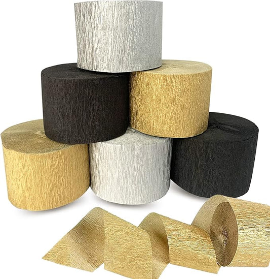 Crepe Paper Streamers 6 Rolls 492ft, Pack of 2 Gold, 2 Silver, 2 Black - Streamers Party Decorations Streamers (1.8 Inch x 82 Ft/Roll),for Party Decorations Birthday Decorations, Wedding Decorations