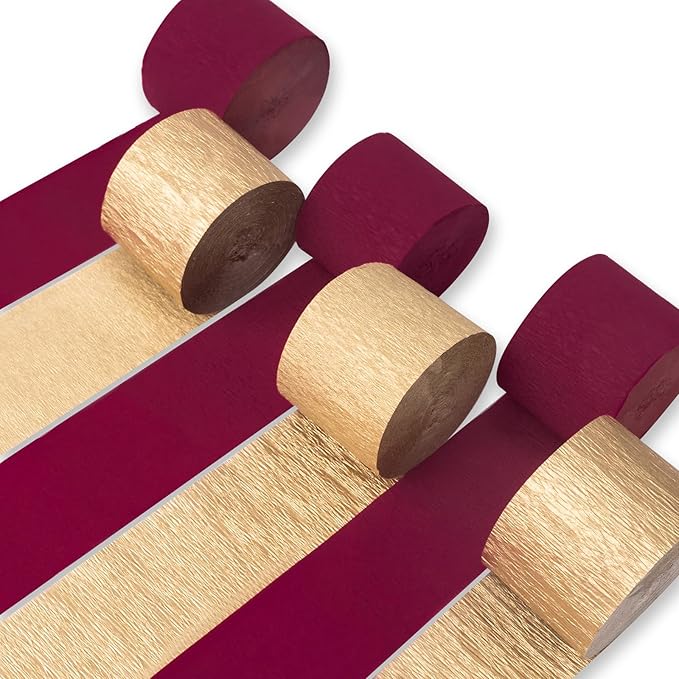 PartyWoo Gold and Burgundy Crepe Paper Streamers 6pcs 492ft Pack of Gold and Maroon Crepe Paper Streamers for Graduation Wedding Birthday Bachelorette Citizenship Strawberry Theme Party Decorations