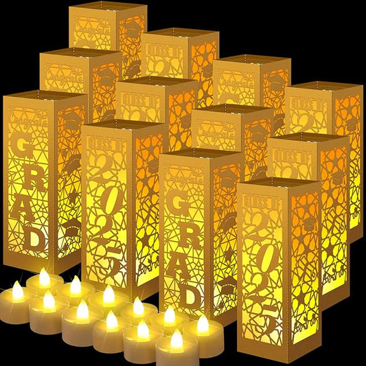 Rossesay 12 Pcs Graduation Table Centerpieces Boxes Class of 2026 Graduation Lanterns for Centerpieces with LED Candles Congrats Grad School College Photo Props for Party Table Decoration (Gold)