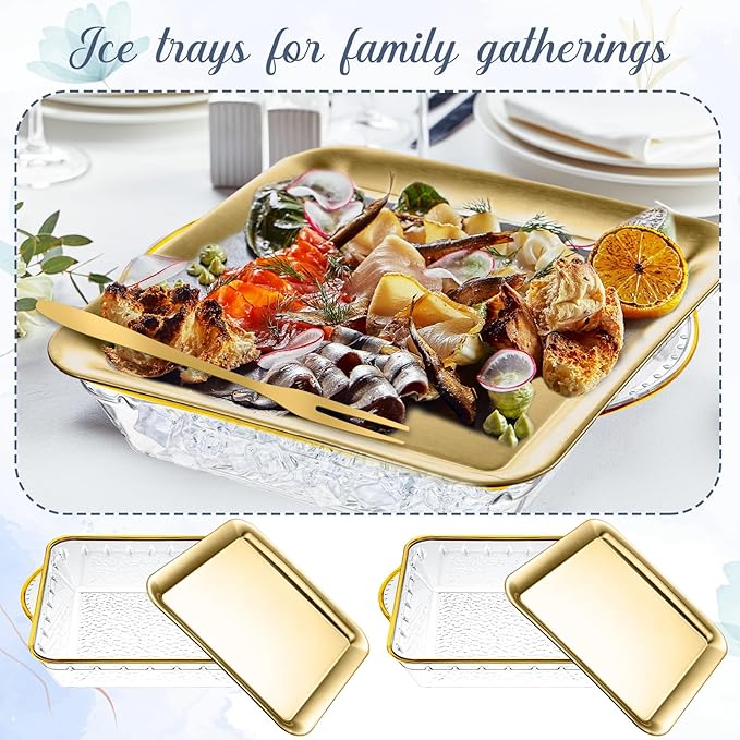 Baderke 2 Set 9" Chilled Serving Tray for Parties with Compartments Ice Chilled Party Platter Charcuterie Serving Board Cold Dish Dip with Forks Tongs for Fruit Seafood Vegetable Appetizer(Gold)