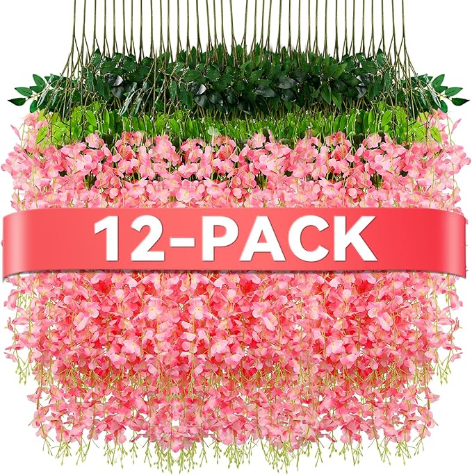 Alotiki Wisteria Hanging Flowers,12 Pack Fake Hanging Flowers,Wisteria Artificiales Garland for Home Wedding Arch Floral Party Garden Ceremony Outdoor Decor,3.6 Feet Long(12,Pink)
