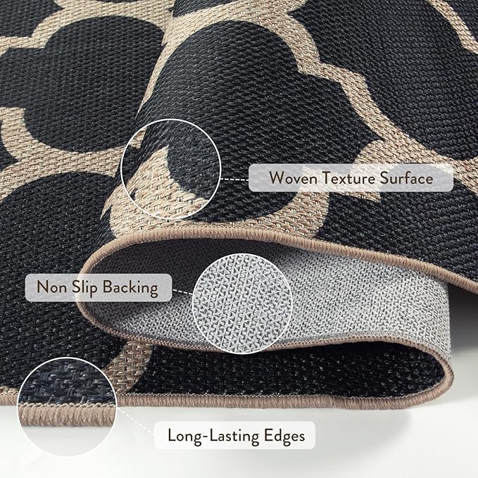 Lahome Moroccan Easy Jute Runner Rug, Black Outdoor Washable Runner Rugs for Outdoor Porch Hallway, Geometric Trellis Woven Long Carpet for Doorway, Thin Non Slip Outdoor Decor, 2'6'' x 8'