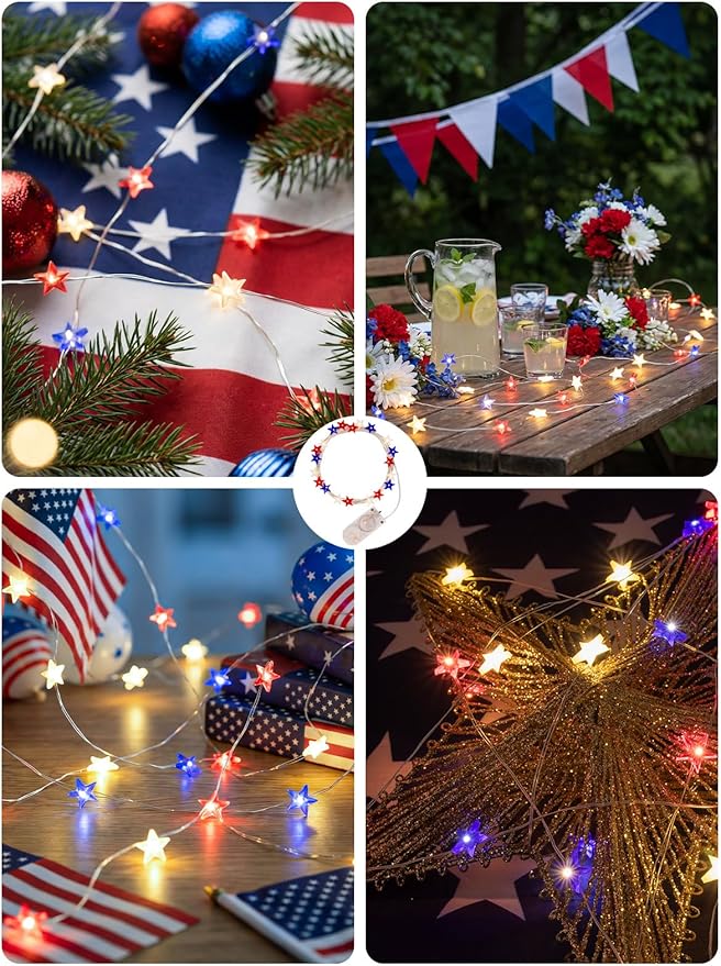 6 Packs 6.6ft 20 LEDs Star Fairy Lights Battery Operated,4th of July Decorations Mini Star String Lights,Waterproof Twinkle Starry Light for Independence Day Memorial Day,Red White and Blue