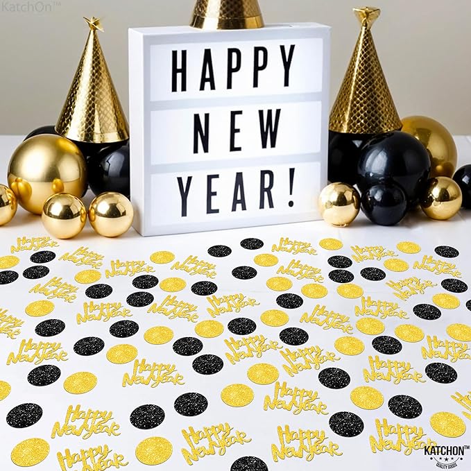 KatchOn, Glitter, Gold and Black Happy New Year Confetti - Pack of 200 | New Years Confetti 2026, New Years Eve Party Supplies 2026 | NYE Table Decorations | Happy New Years Decorations 2026