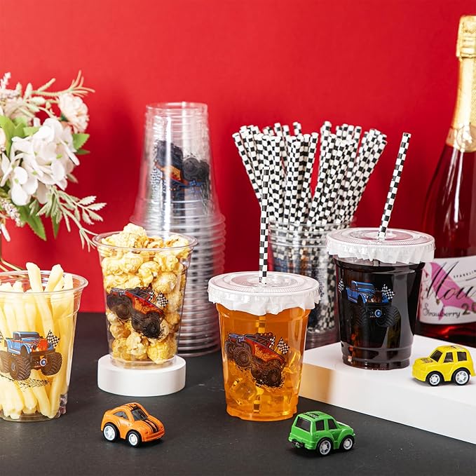 Teenyyou 50 Pcs 12 oz Disposable Plastic Cups with Straws, Lids and Leakproof Paper Clear Birthday Party Cups Supplies Birthday Table Decorations(Monster Truck,Black, White)