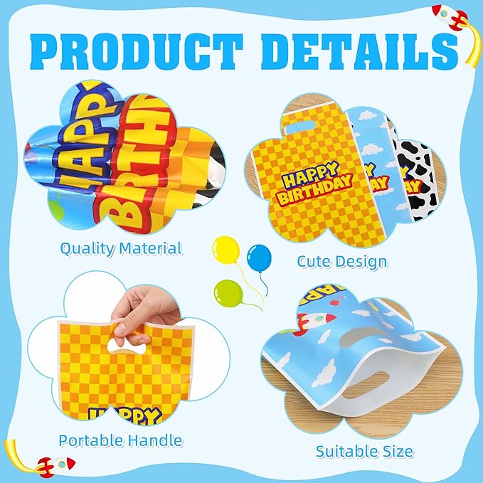 Bsenhe 60PCS Cartoon Goodie Bags, Cartoon Birthday Party Favor Gift Bags Blue Sky White Cloud Cow Plastic Candy Bags for Themed Party with Handle