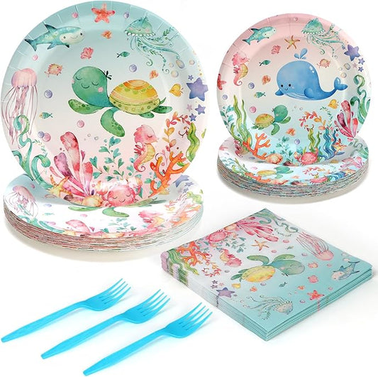 96 Pcs Party Plates, Under the Sea Paper Plates and Napkins Party Supplies, Under the Sea Disposable Tableware Sets for Ocean Theme Birthday Baby Shower, Serve for 24 Guests, Light Blue