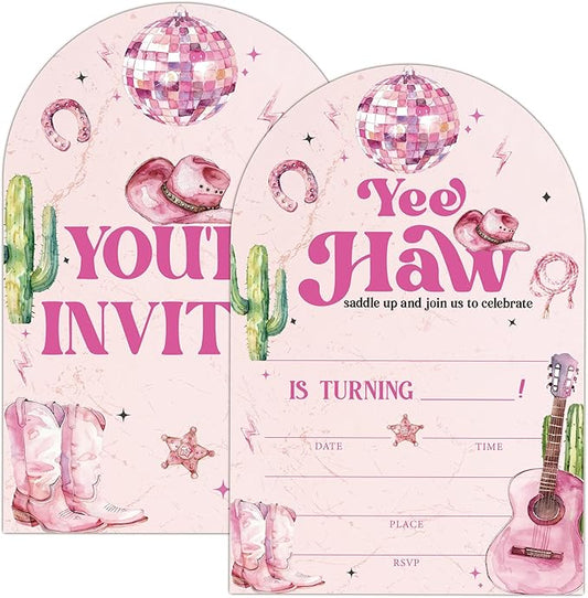 Retro Disco Birthday Party Invitations, Pink Cowboy Theme Birthday Invitation for Girls, 20 Pink Dance Disco Invitations Cards with Envelopes, Party Decorations Supplies (arch)