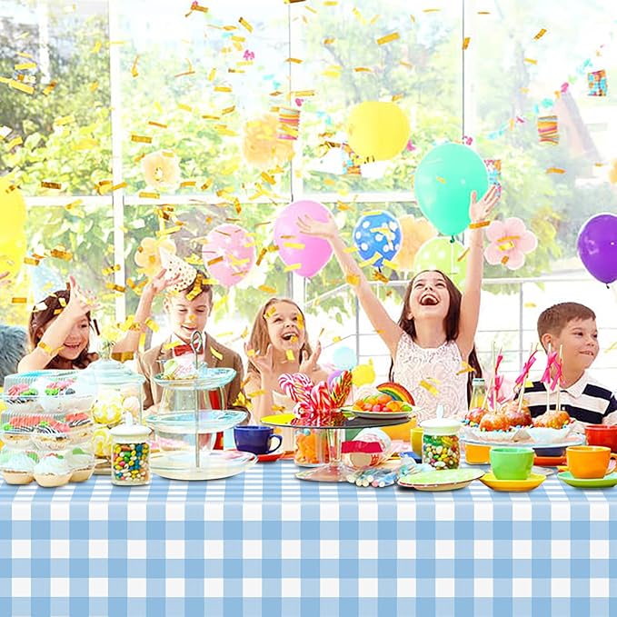 12 Pcs Light Blue Checkered Tablecloth 54 ×108 Inches Rectangle Blue Gingham Tablecloth Disposable Plastic Waterproof Table Cover for Outdoor Picnic, Kitchen, Holiday Birthday Party