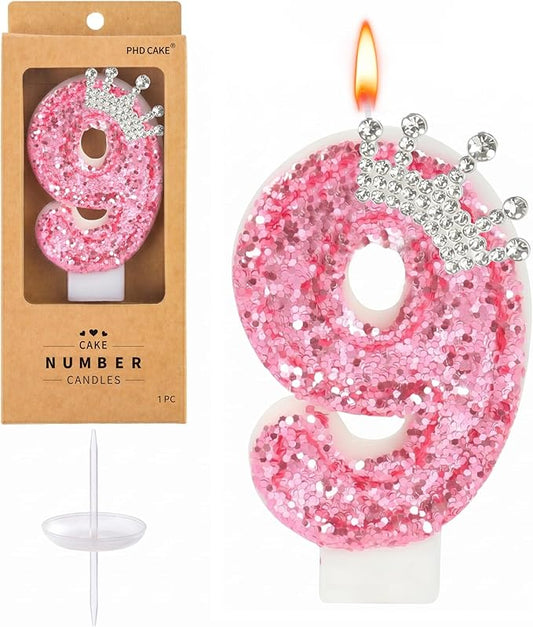 PHD CAKE Birthday Number Candles,Pink Crown Birthday Candles for Cake,Glitter Number 9 Candle Cake Topper with Sequins for Girls,Women, Anniversary Celebrations Supplies