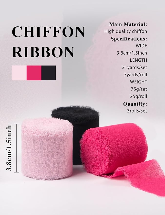 Chiffon Ribbon, Pink Black 1.5''x21Yd Frayed Fringe Halloween Ribbons for Gift Wrapping, Handmade Ribbon for Floral Vase, Mother's Day, Cartoon Party, Wedding, Birthday, Engagement, 3 Rolls