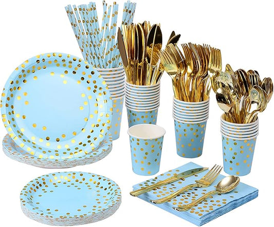 200 Pieces Blue Party Supplies - Paper Plates & Napkins Cups Serves 25 Sets for Wedding Bridal Shower Engagement Birthday Parties (Blue, 12 * 24 * 24cm)