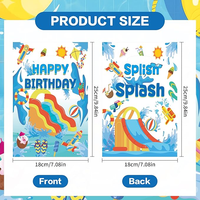 MOIZYNG 50Pcs Splish Splash Summer Birthday Gift Bags with Handles, Blue Splish Splash Happy Birthday Plastic Candy Treat Goodie Bags for Summer Pool Party Favors Supplies