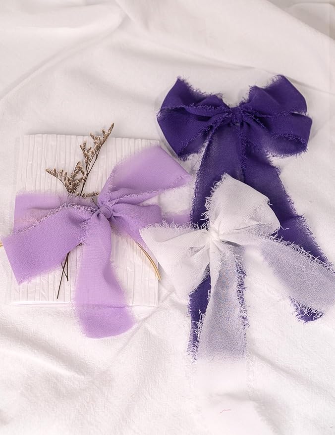 Chiffon Ribbon, Purple White 1.5''x21Yd Frayed Fringe Silk Ribbon for Gift Wrapping, Handmade Ribbons for Crafts, Wedding, Halloween, Birthday, Graduation, Engagement, Bridal Shower, 3 Rolls