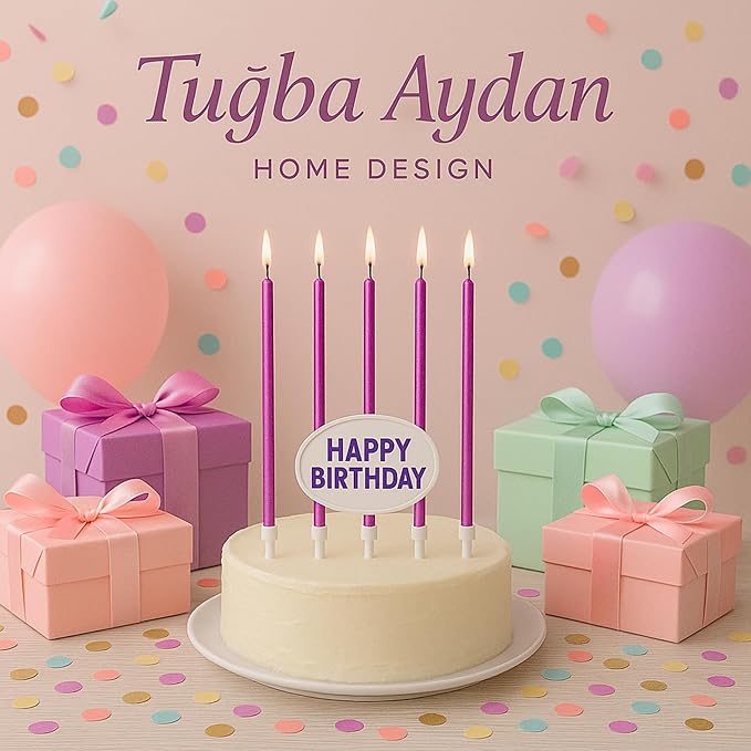 by Tugba Aydan Purple Birthday Candles, 24 Pack, Long Thin Metallic Cake Candles with Holders, Elegant Purple Candles for Cakes, Cupcakes & Parties