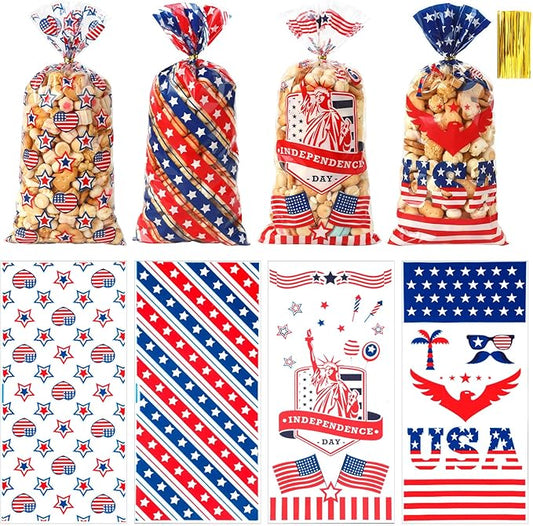 4th of July Cellophane Treat Bags, 120 PCS 4th of July Gift Bag, Patriotic Treat Bags, Plastic Red Blue and White Candy Cookie Goodie Snack Bag for Independence Day Fourth of July Party Favor Supplies