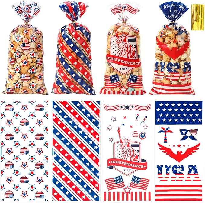4th of July Cellophane Treat Bags, 200 PCS 4th of July Gift Bag, Patriotic Treat Bags, Plastic Red Blue and White Candy Cookie Goodie Snack Bag for Independence Day Fourth of July Party Favor Supplies
