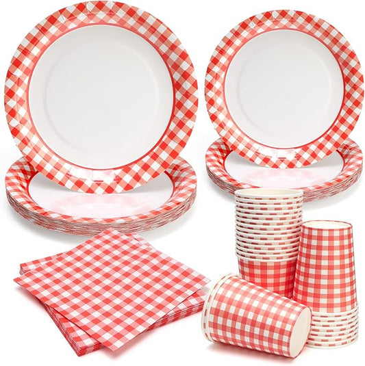 96Pcs Red and White Gingham Plates and Napkins and Cups Plaid Paper Plates for 24 Guest Picnic Wedding Baby Shower Tea Kids Birthday Party Supplies Decrations
