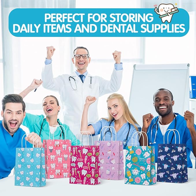 Gaillty 24 Pcs Dental Gift Bags Paper Tooth Merchandise Bags with Handles Teeth Goodie Treat Bag for Patient Dental Assistant Appreciation Week Gifts Dentist Clinics Office Hygiene Party Favors