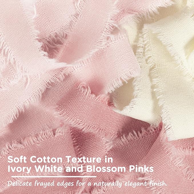 Pink & Ivory Cotton Ribbon 5/8 Inch Dusty Pink, Soft Pink & Cream 3 Rolls 21 Yards Frayed Edge Fabric Set for Rustic Wedding Decor, Engagement Party, Bridal Bouquet Wrap & Gift Wrapping