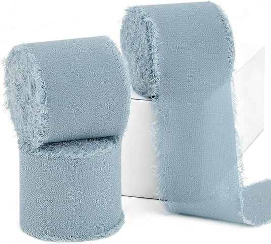 Dusty Blue Chiffon Ribbon 1.5" x 21 Yd Handmade Fringe Silk Chiffon Fabric Ribbon for Gift Wrapping Wedding Invitation Bridal Flower Bouquet DIY Crafts Home Decor