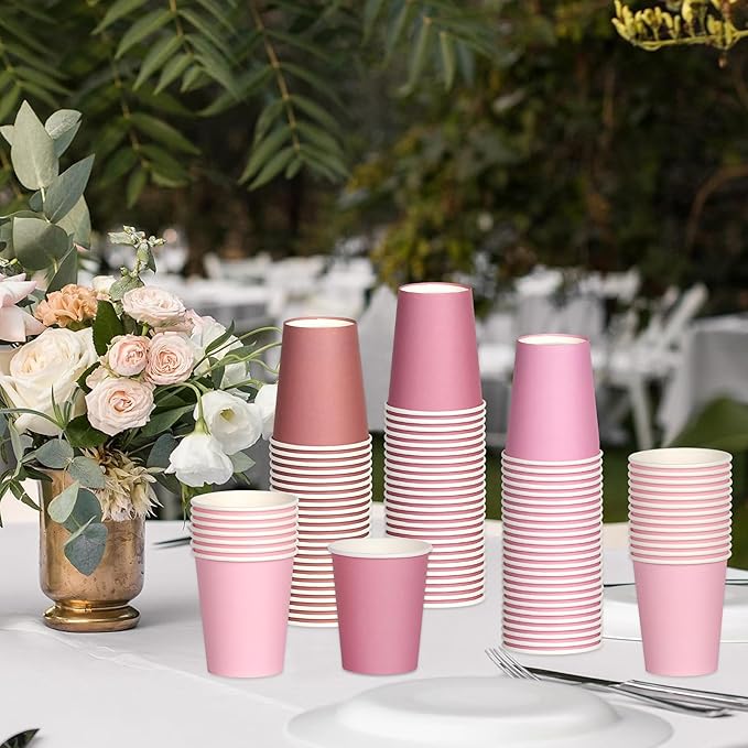 100 Pcs Disposable Paper Cups Gradient Pink Party Cups 8oz Coffee Water Juice Tea Drinking Cups for Holiday Wedding Birthday Bride Baby Shower Party Supplies, 4 Colors