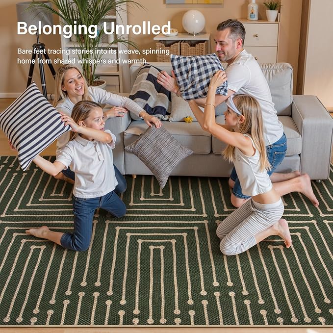 Lahome Maze Lines Easy Jute Kitchen Runner Rug, 2x8 Washable Hallway Runner Rug, Non Slip Green Indoor Outdoor Rugs for Entryway, Nature Front Door Carpet for Laundry Entry