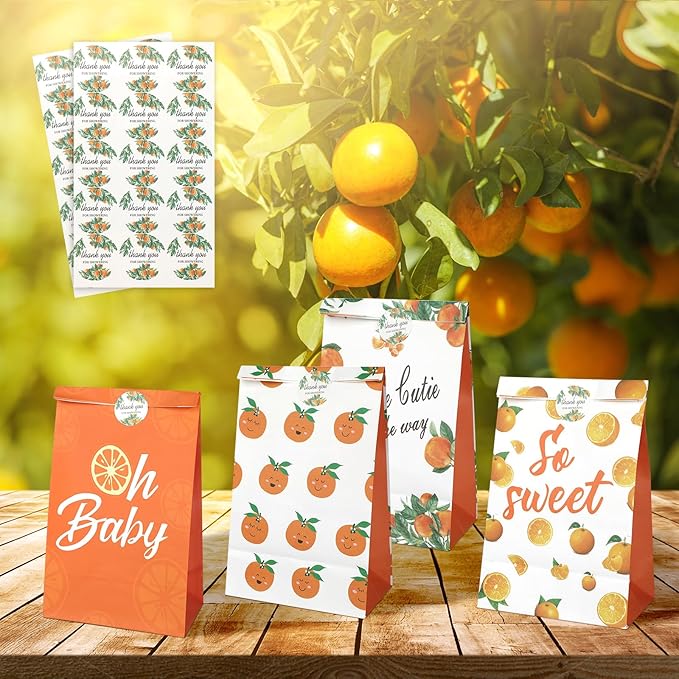 20Pcs Little Cutie Party Treat Bags with Stickers, Orange Theme Party Favor Candy Bags Kraft Paper Gift Bags, Hey Cutie Candy Goodie Bags for Baby Shower Birthday Party Summer Party Supplies