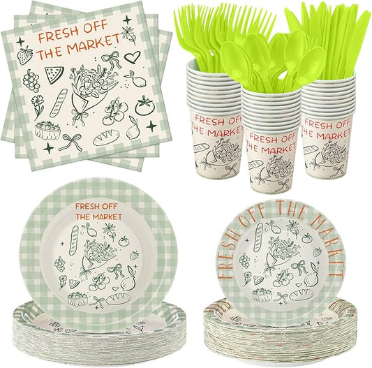 FoldTier 350 Pcs Fresh off the Market Bridal Shower Party Tableware - Paper Plate, Napkin, Cup, Cutlery, Disposable Fresh off the Market Party Decorations for Family and Friends, 50 Guests