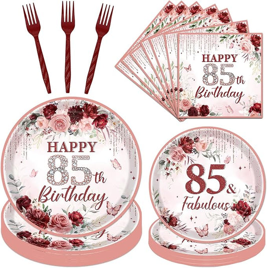 85th Birthday Decorations for Women, 96PCS Burgundy Birthday Party Disposable Paper Plates and Napkins Decorations for Women, 85th Bday Plates and Napkins Table Decor for Grandma Woman,Serve 24