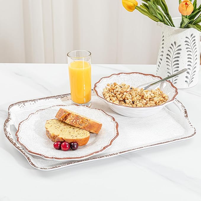 LEHAHA Vintage White Large Serving Tray with Handles, 17.25x12 inch, Set of 2 Melamine Platters for Serving Food, Turkey, Cookie, Rectangular Trays for Eating, Crackled Finish with Rustic Raised Rim.