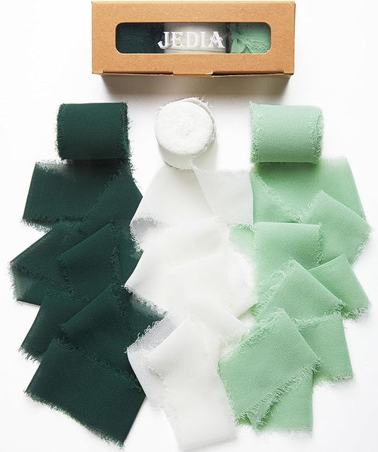 Christmas Ribbon, 6 Rolls Green Graduation Ribbon for Flower Bouquet, 1 1/2 inch x 7Yd Cream White Ribbons for Gift Wrapping, Wedding Invitations, Flower Bouquet, Bridal Bouquets, DIY Crafts
