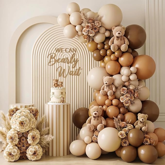 RUBFAC 135pcs Brown Balloons Different Sizes Pack of 18 12 10 5 Inch, Latex Boho Neutral Coffee Tan Balloon Garland Arch Kit for Baby Shower Jungle Safari Fall Birthday Bear Themed Party Decorations