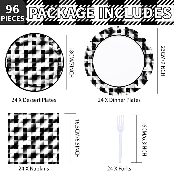 96 Pcs Black and White Gingham Party Supplies 350 GSM Disposable Black and White Buffalo Checked Paper Plates and Napkins Tableware Set for BBQ Picnic Race Car Birthday Party Decorations Serves 24