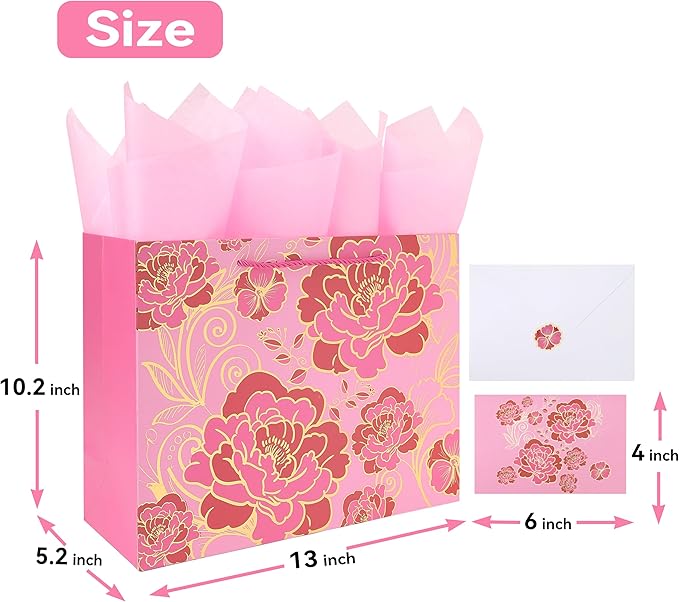 13" Large Rose Pink Gift Bag Set with Greeting Card and Tissue Paper(Foil Traced Flowers) for Celebrating Birthdays, Mother's Day, Valentine's Day, Weddings, Anniversaries - 13”x5.2”x10.2”,1 Pcs.