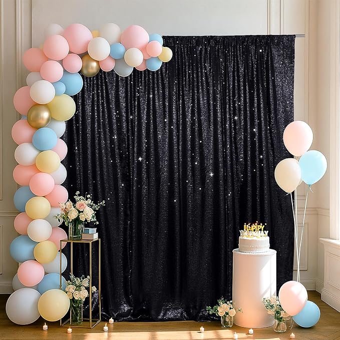 SquarePie 8x8ft Black Sequin Backdrop for Photography, Satin-Backed Real Sequin Curtain, Enhanced Coverage Shimmering Background with 4" Rod Pocket for Wedding, Birthday, Party Decor, 1 Panel