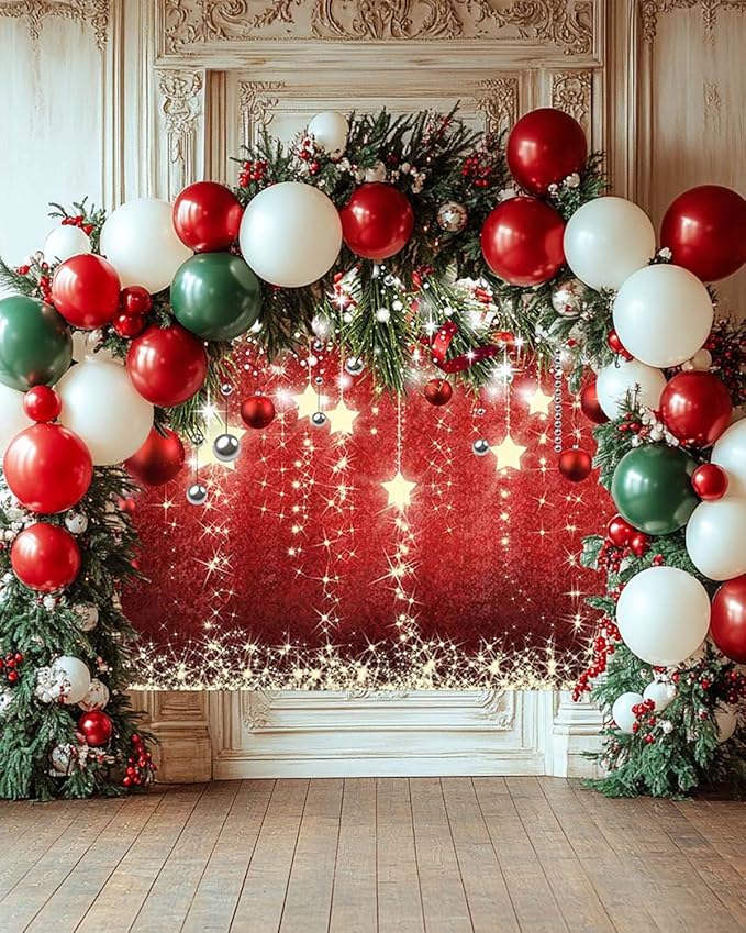 Mocsicka Christmas Backdrop Red Ball Xmas Merry Christmas Party Decorations for Family Holiday for Photography Photo Booth Props (Red, 8x6ft(96"x72"))