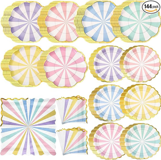 144 Pcs 48 Guests Pastel Striped Party Plates and Napkins Scalloped Pastel Carnival Paper Plates and Napkins Colored Disposable Tableware for Baby Bridal Shower Wedding Tea Party Supplies