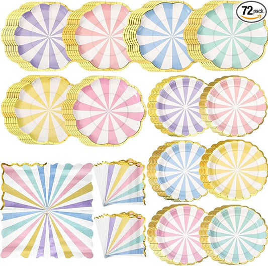 72 Pcs 24 Guests Pastel Striped Party Plates and Napkins Scalloped Pastel Carnival Paper Plates and Napkins Colored Disposable Tableware for Baby Bridal Shower Wedding Tea Party Supplies