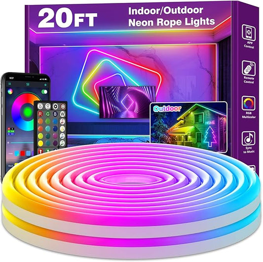 AILBTON 20Ft Neon Rope Lights,Flexible Led Rope Lights Control with App/Remote,Multiple Modes RopeLights,IP65 Outdoor RGB Led Neon Lights NonWater Resistant,Music Sync Gaming Led NeonLight Strip