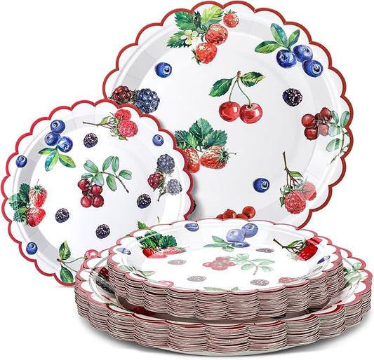 Havawish 60 Pcs Berry Paper Plates Sweet Disposable Paper Plates Party Decoration Summer Strawberry Blueberry Fruit Party Supplies for Dinner Sweet Birthday Baby Shower Decorations