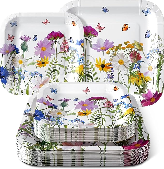 Umigy 100 Pcs Paper Plates Flower Dinner 9'' Floral Disposable Paper Plates 7'' Square Dessert Set for Dinner Birthday Wedding Baby Shower Party Tableware(Sweet Color,Wildflower)