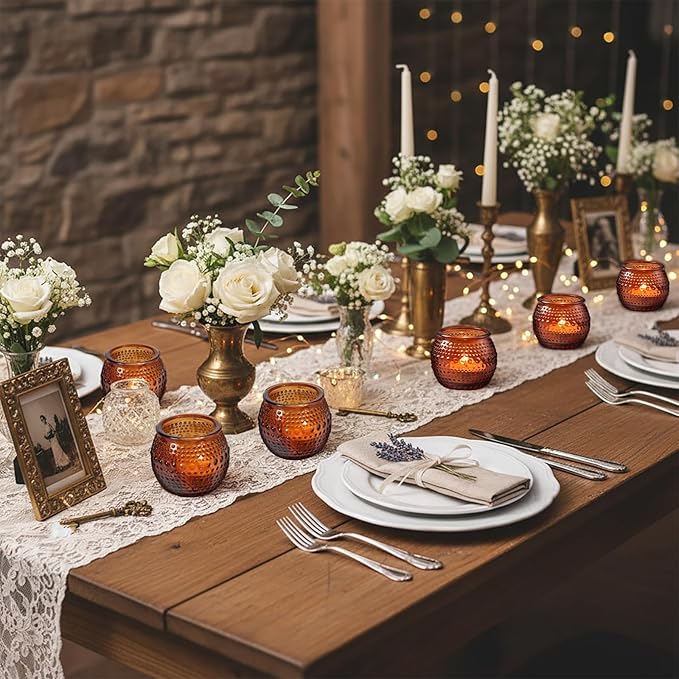 32 Pcs Amber Votive Candle Holders, Round Amber Glass Candle Holder with Polka Dot Embossed, Vintage Votive Candle Holders for Weddings, Home Decor, Baby Shower, Special Occasions