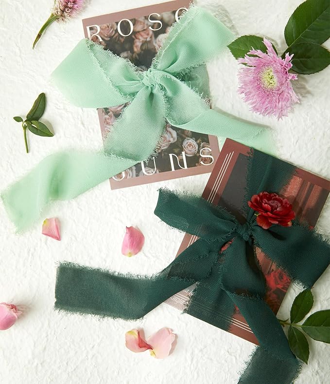 Christmas Ribbon, 3 Rolls Green Chiffon Silk Ribbon for Flower Bouquet, 1 1/2 inch x 7Yd Flower Ribbons for Gift Wrapping, Wedding Invitations, Bridal Bouquets, DIY Crafts, Christmas Decoration