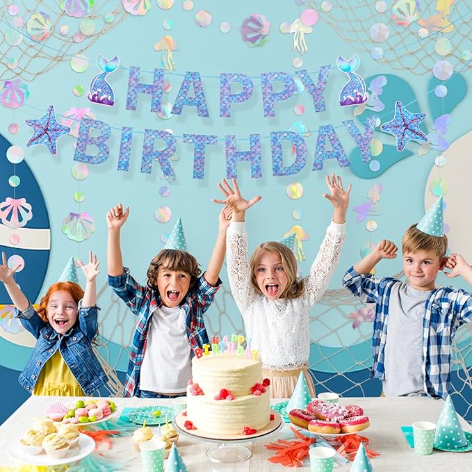 ZERODECO Mermaid Birthday Party Decorations, Iridescent Mermaid Garland, Happy Birthday Banner and Fishnet for Pirate Party, Nautical Decor, Under The Sea Party Decorations
